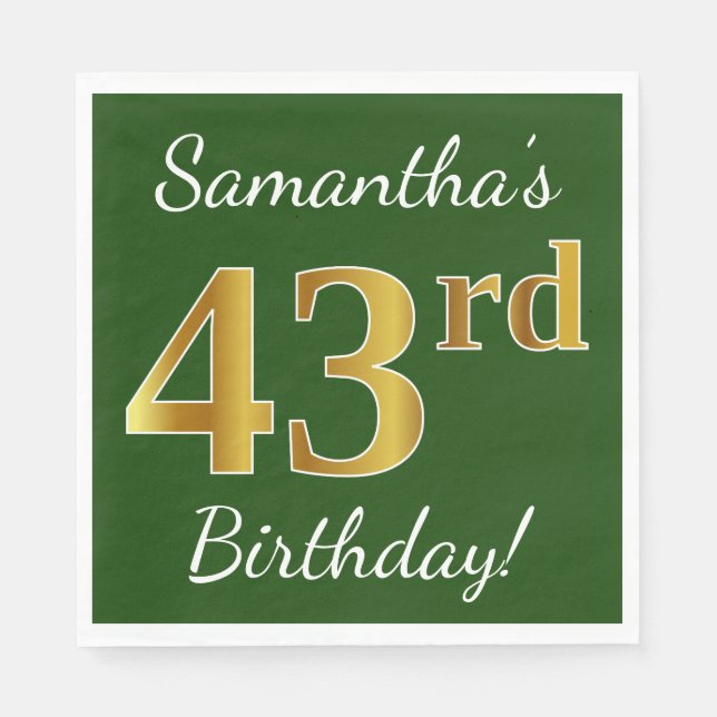 Green, Faux Gold 43rd Birthday + Custom Name Napkins (Front)