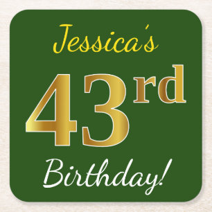 Green, Faux Gold 43rd Birthday + Custom Name Square Paper Coaster