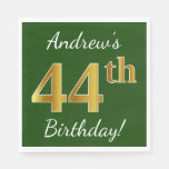 [ Thumbnail: Green, Faux Gold 44th Birthday + Custom Name Napkin ]