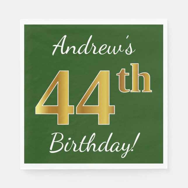 Green, Faux Gold 44th Birthday + Custom Name Napkins (Front)