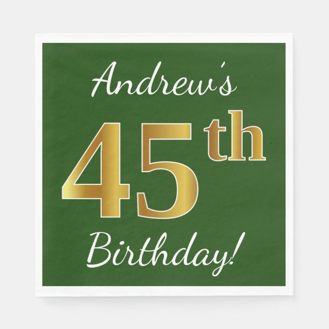 Green, Faux Gold 45th Birthday + Custom Name Paper Napkins (Front)