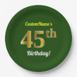 [ Thumbnail: Green, Faux Gold 45th Birthday + Custom Name Paper Plates ]