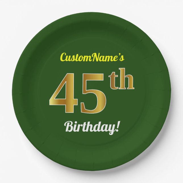 Green, Faux Gold 45th Birthday + Custom Name Paper Plates (Front)