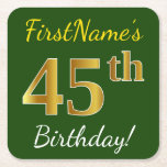 [ Thumbnail: Green, Faux Gold 45th Birthday + Custom Name Paper Coaster ]