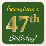 [ Thumbnail: Green, Faux Gold 47th Birthday + Custom Name Paper Coaster ]