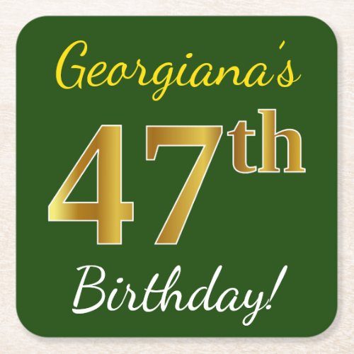 Green Faux Gold 47th Birthday  Custom Name Square Paper Coaster