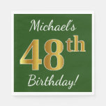 [ Thumbnail: Green, Faux Gold 48th Birthday + Custom Name Napkins ]