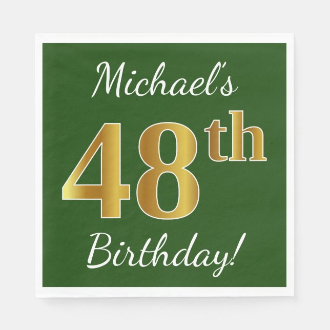 Green, Faux Gold 48th Birthday + Custom Name Napkins (Front)
