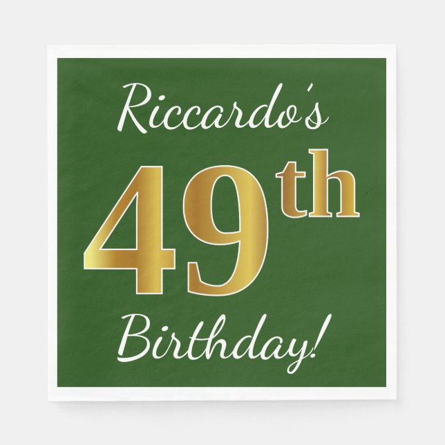 Green, Faux Gold 49th Birthday + Custom Name Napkins (Front)