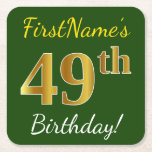 [ Thumbnail: Green, Faux Gold 49th Birthday + Custom Name Paper Coaster ]