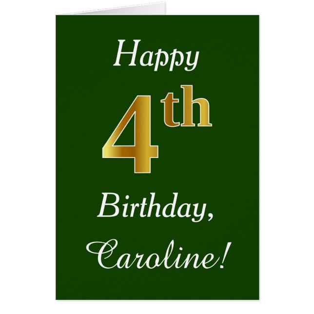 Green, Faux Gold 4th Birthday + Custom Name Cards (Front)