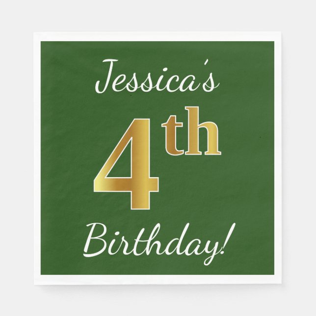 Green, Faux Gold 4th Birthday + Custom Name Napkins (Front)