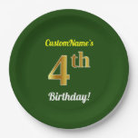 [ Thumbnail: Green, Faux Gold 4th Birthday + Custom Name Paper Plates ]
