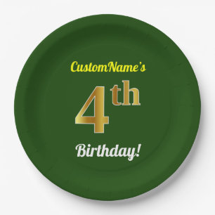 Green, Faux Gold 4th Birthday + Custom Name Paper Plates