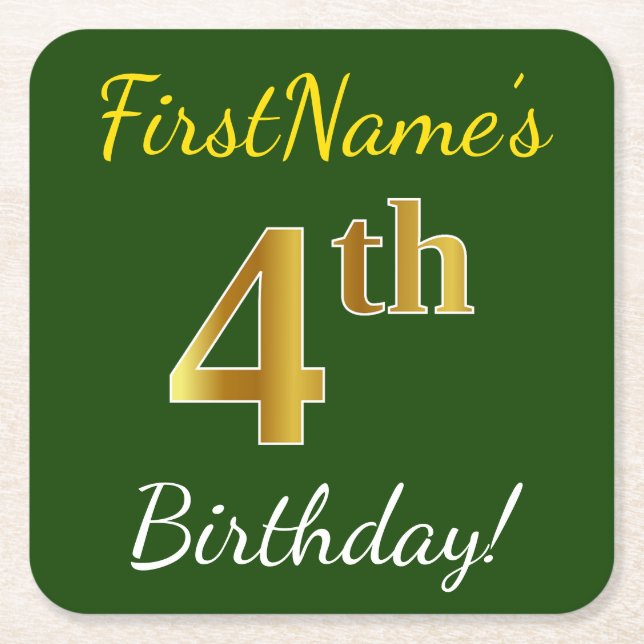 Green, Faux Gold 4th Birthday + Custom Name Square Paper Coaster (Front)