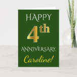 [ Thumbnail: Green, Faux Gold 4th Wedding Anniversary + Name Card ]