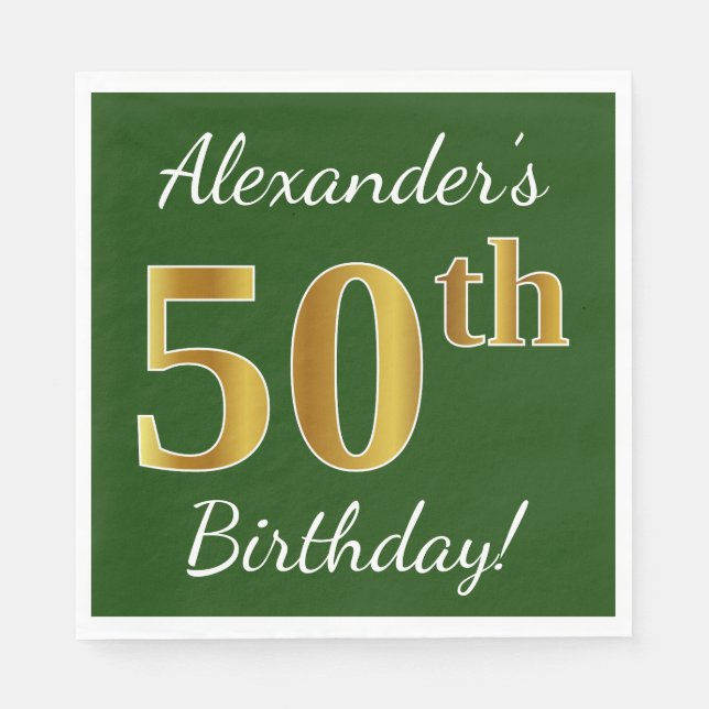 Green, Faux Gold 50th Birthday + Custom Name Napkins (Front)