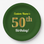 [ Thumbnail: Green, Faux Gold 50th Birthday + Custom Name Paper Plates ]