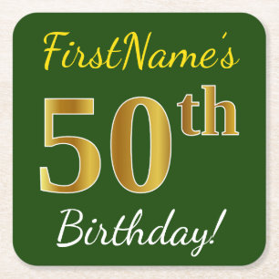 Green, Faux Gold 50th Birthday + Custom Name Square Paper Coaster