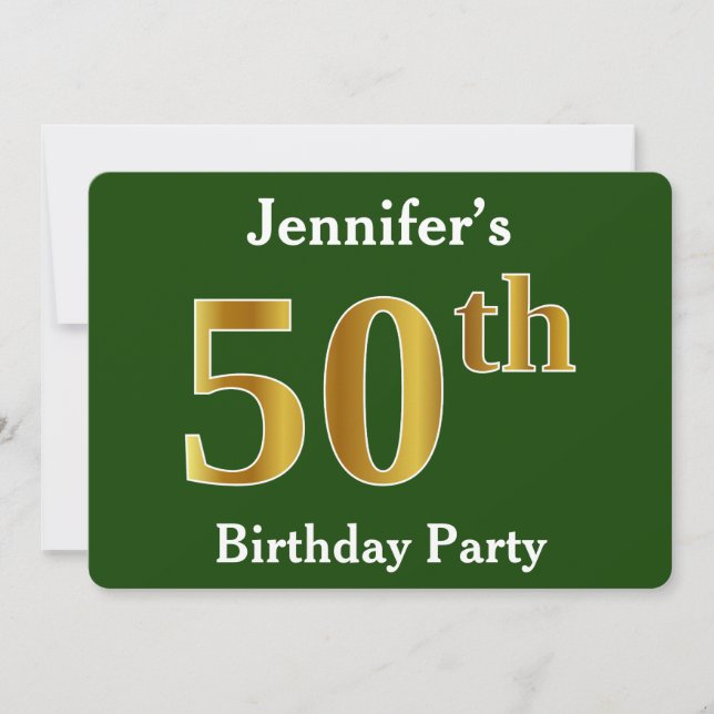 Green, Faux Gold 50th Birthday Party + Custom Name Invitation (Front)