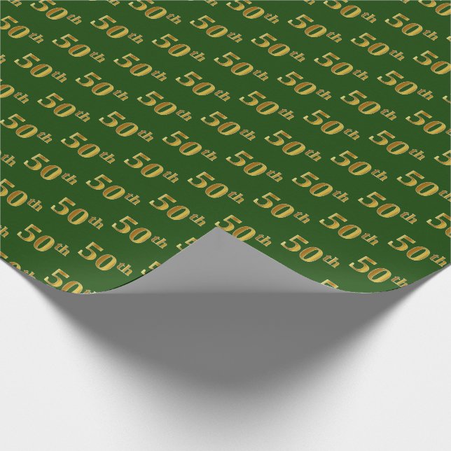 Green, Faux Gold 50th (Fiftieth) Event Wrapping Paper (Corner)