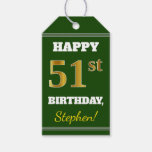 [ Thumbnail: Green, Faux Gold 51st Birthday + Custom Name Gift Tags ]