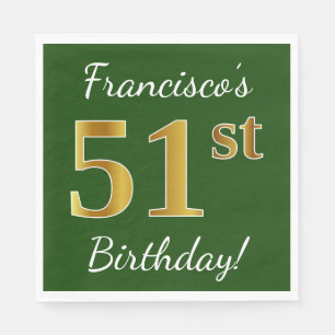 Green, Faux Gold 51st Birthday + Custom Name Napkins