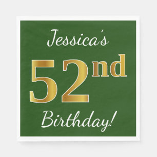 Green, Faux Gold 52nd Birthday + Custom Name Napkins