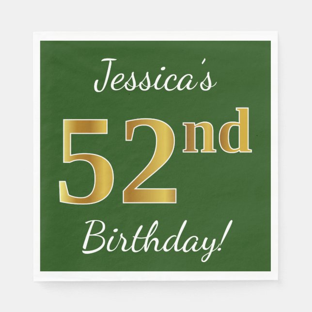 Green, Faux Gold 52nd Birthday + Custom Name Napkins (Front)