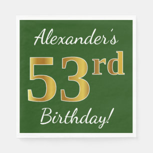 Green, Faux Gold 53rd Birthday + Custom Name Napkins