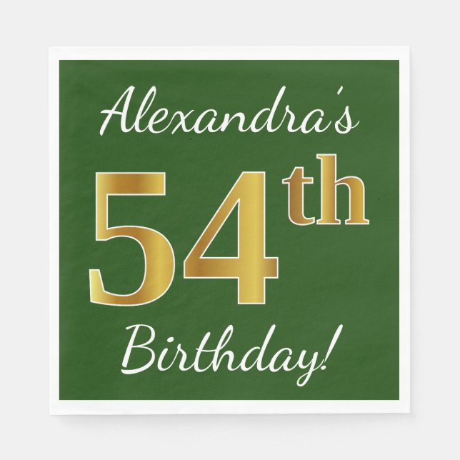 Green, Faux Gold 54th Birthday + Custom Name Napkins (Front)