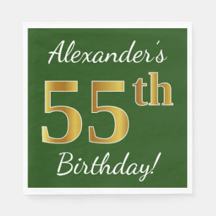 Green, Faux Gold 55th Birthday + Custom Name Paper Napkins