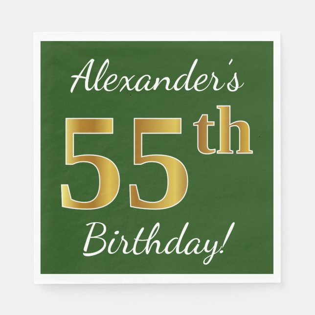 Green, Faux Gold 55th Birthday + Custom Name Paper Napkins (Front)