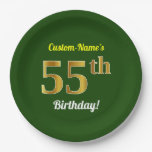 [ Thumbnail: Green, Faux Gold 55th Birthday + Custom Name Paper Plates ]