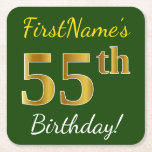 [ Thumbnail: Green, Faux Gold 55th Birthday + Custom Name Paper Coaster ]