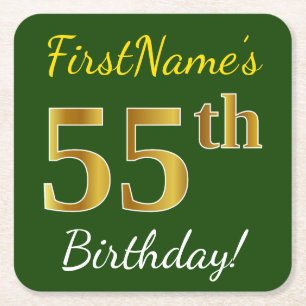 Green, Faux Gold 55th Birthday + Custom Name Square Paper Coaster