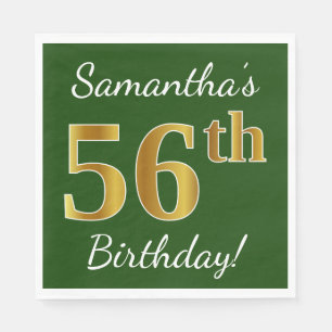 Green, Faux Gold 56th Birthday + Custom Name Napkins
