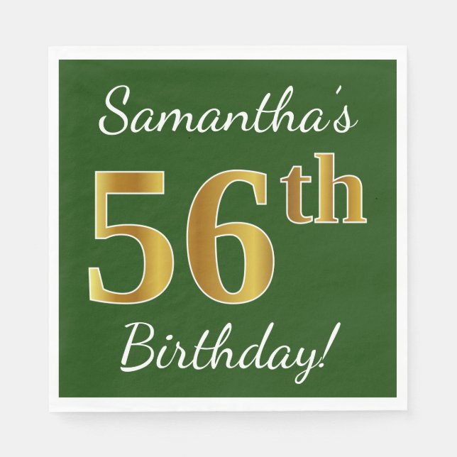 Green, Faux Gold 56th Birthday + Custom Name Napkins (Front)