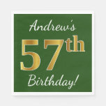 [ Thumbnail: Green, Faux Gold 57th Birthday + Custom Name Napkins ]
