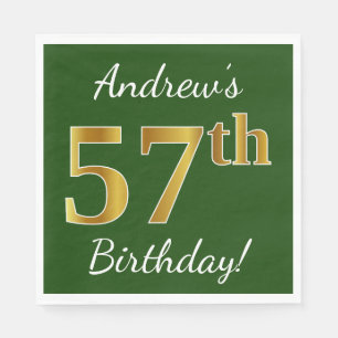 Green, Faux Gold 57th Birthday + Custom Name Napkins