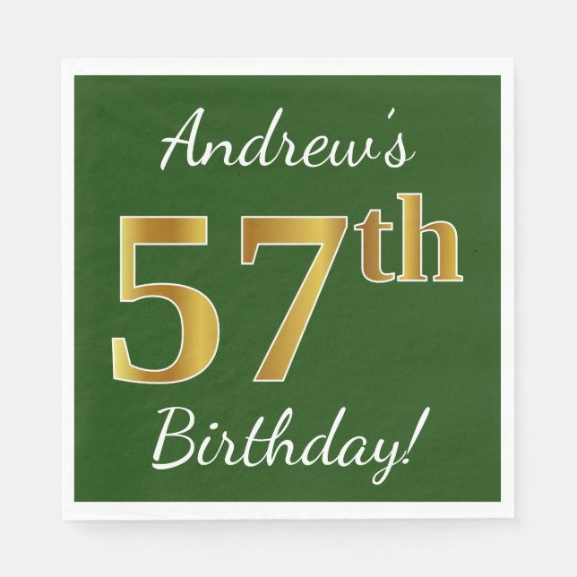 Green, Faux Gold 57th Birthday + Custom Name Napkins (Front)