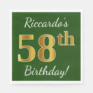 Green, Faux Gold 58th Birthday + Custom Name Napkins