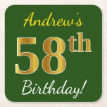 [ Thumbnail: Green, Faux Gold 58th Birthday + Custom Name Paper Coaster ]