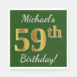 [ Thumbnail: Green, Faux Gold 59th Birthday + Custom Name Napkins ]
