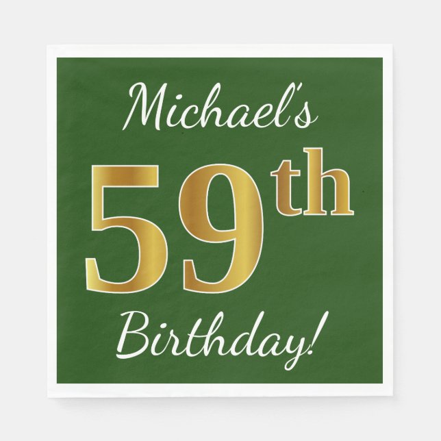 Green, Faux Gold 59th Birthday + Custom Name Napkins (Front)