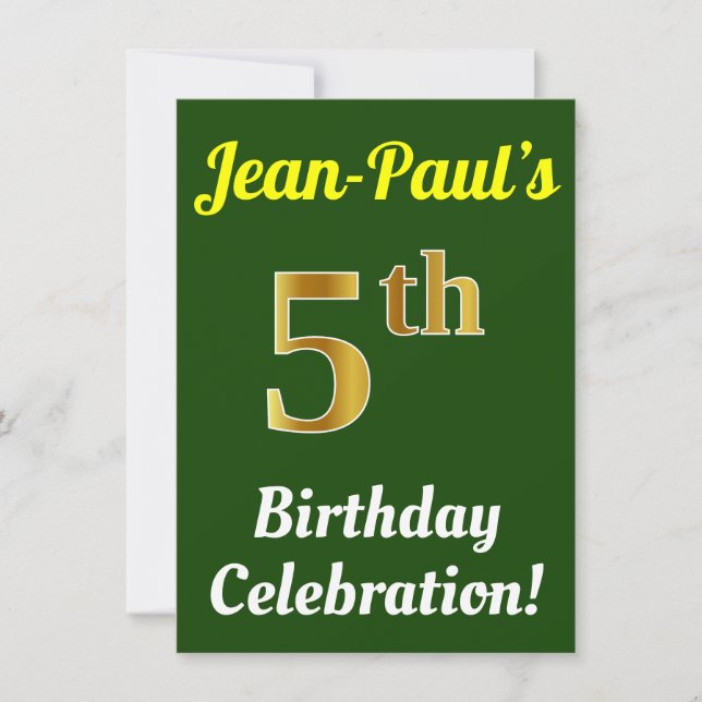 Green, Faux Gold 5th Birthday Celebration + Name Invitation (Front)