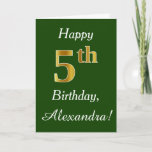 [ Thumbnail: Green, Faux Gold 5th Birthday + Custom Name Card ]