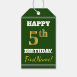 [ Thumbnail: Green, Faux Gold 5th Birthday + Custom Name Gift Tags ]