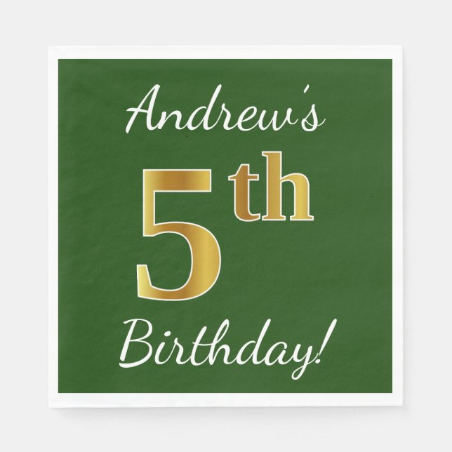 Green, Faux Gold 5th Birthday + Custom Name Paper Napkins (Front)