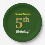 [ Thumbnail: Green, Faux Gold 5th Birthday + Custom Name Paper Plates ]